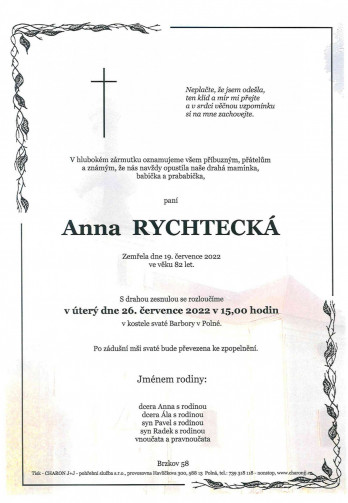 Smuteční oznámení - paní Anna RYCHTECKÁ