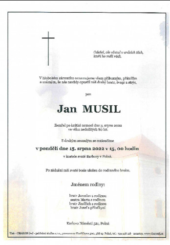 Smuteční oznámení - pan Jan MUSIL