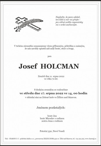 Smuteční oznámení - pan Josef HOLCMAN