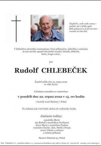 Smuteční oznámení - pan Rudolf CHLEBEČEK