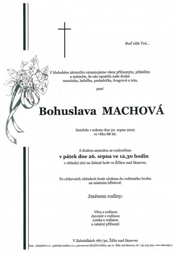 Smuteční oznámení - paní Bohuslava MACHOVÁ