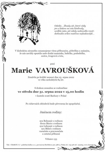 Smuteční oznámení - paní Marie VAVROUŠKOVÁ