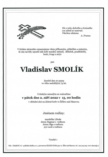 Smuteční oznámení - pan Vladislav SMOLÍK