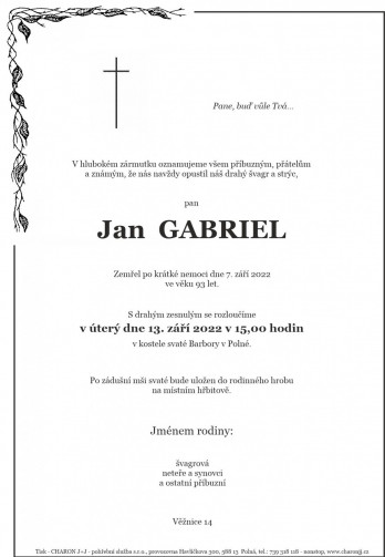 Smuteční oznámení - pan Jan GABRIEL