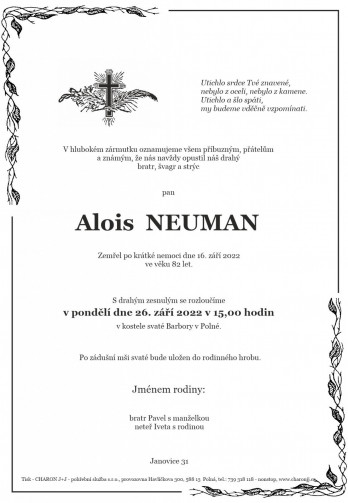 Smuteční oznámení - pan Alois NEUMAN