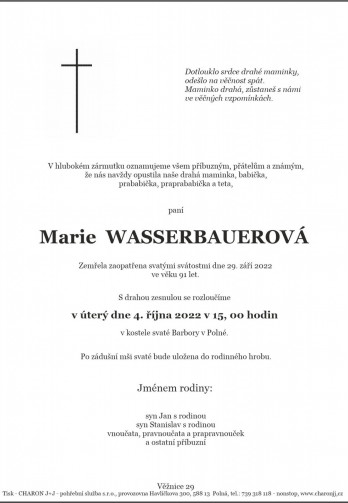 Smuteční oznámení - paní Marie WASSERBAUEROVÁ