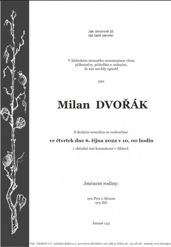 Smuteční oznámení - pan Milan DVOŘÁK