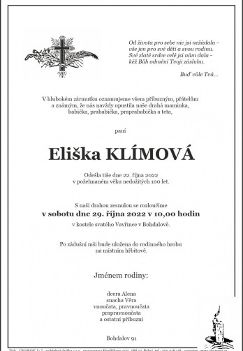 Smuteční oznámení - paní Eliška KLÍMOVÁ