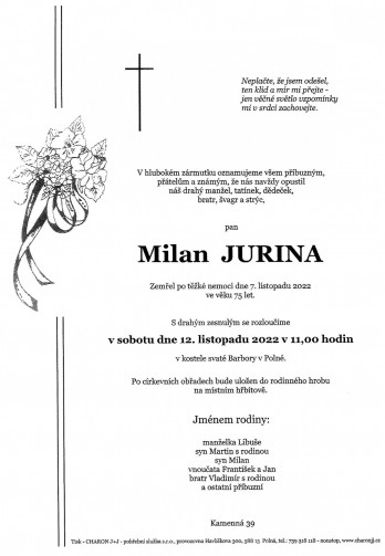 Smuteční oznámení - pan Milan JURINA