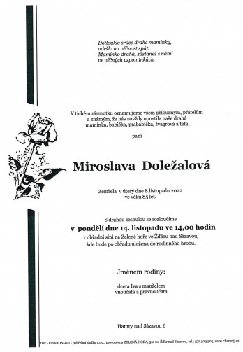 Smuteční oznámení - paní Miroslava DOLEŽALOVÁ