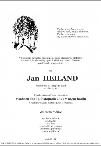 Smuteční oznámení - pan Jan HEILAND