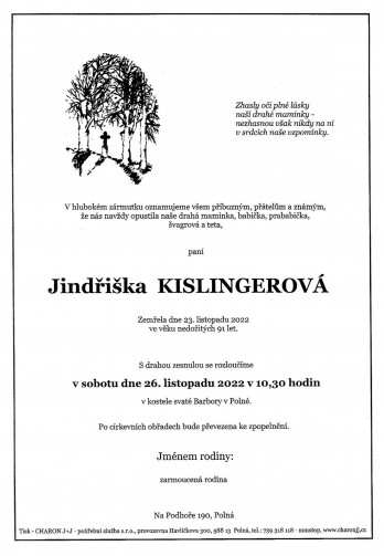Smuteční oznámení - paní Jindřiška KISLINGEROVÁ