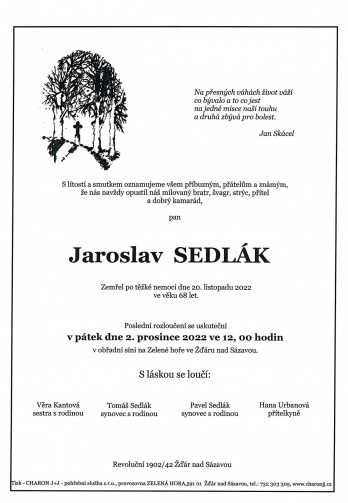 Smuteční oznámení - pan Jaroslav SEDLÁK