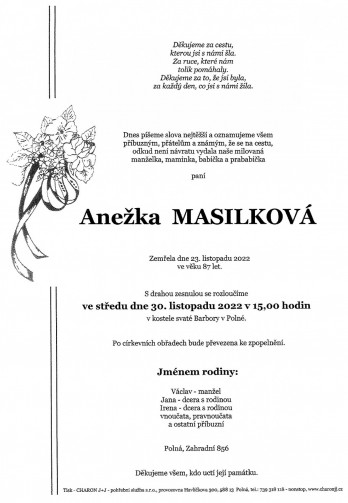 Smuteční oznámení - paní Anežka MASILKOVÁ