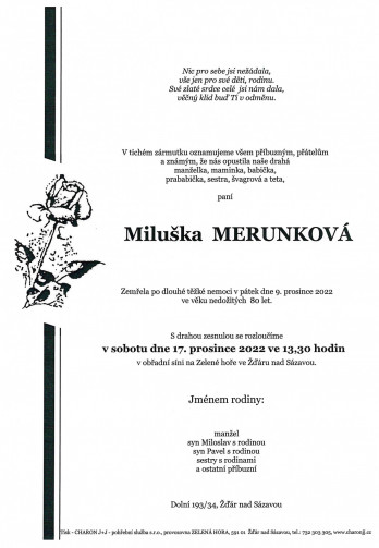 Smuteční oznámení - paní Miluška MERUNKOVÁ
