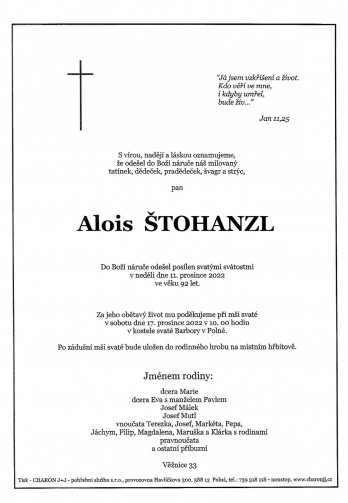 Smuteční oznámení - pan Alois ŠTOHANZL