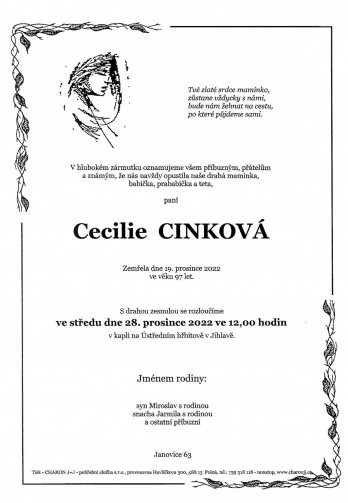 Smuteční oznámení - paní Cecilie CINKOVÁ
