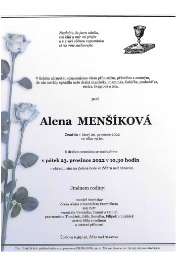 Smuteční oznámení - paní Alena MENŠÍKOVÁ