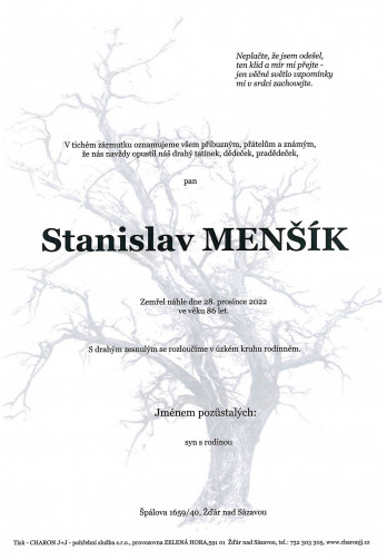 Smuteční oznámení - pan Stanislav MENŠÍK