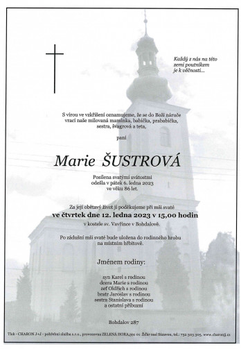 Smuteční oznámení - paní Marie ŠUSTROVÁ