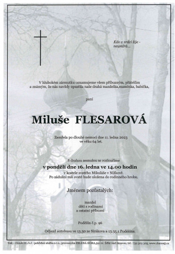Smuteční oznámení - paní Miluše FLESAROVÁ