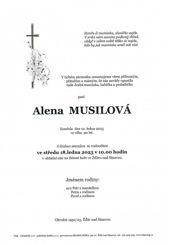Smuteční oznámení - paní Alena MUSILOVÁ
