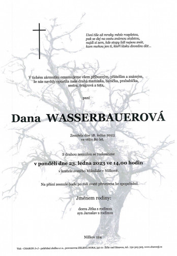 Smuteční oznámení - paní Dana WASSERBAUEROVÁ