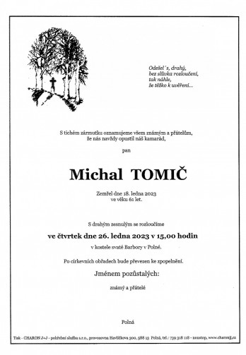 Smuteční oznámení - pan Michal TOMIČ