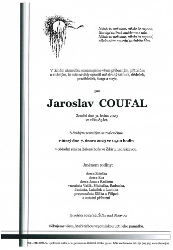 Smuteční oznámení - Jaroslav COUFAL