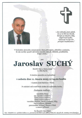 Smuteční oznámení - pan Jaroslav SUCHÝ