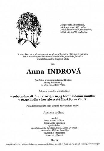 Smuteční oznámení - paní Anna INDROVÁ