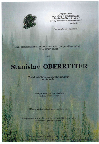 Smuteční oznámení - pan Stanislav OBERREITER