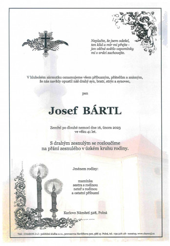 Smuteční oznámení - pan Josef BÁRTL