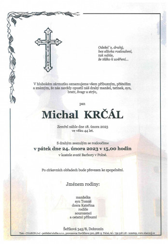 Smuteční oznámení - pan Michal KRČÁL