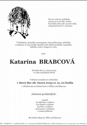 Smuteční oznámení - paní Katarína BRABCOVÁ