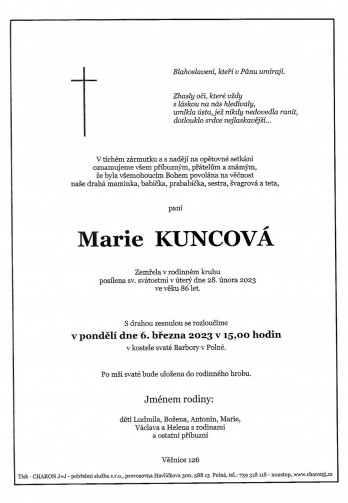 Smuteční oznámení - paní Marie KUNCOVÁ