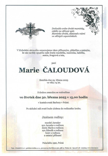 Smuteční oznámení - paní Marie ČALOUDOVÁ