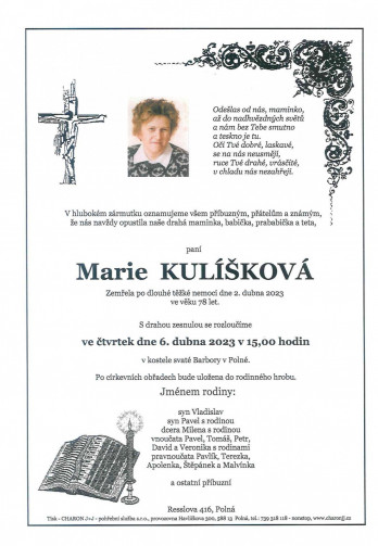 Smuteční oznámení - paní Marie KULÍŠKOVÁ