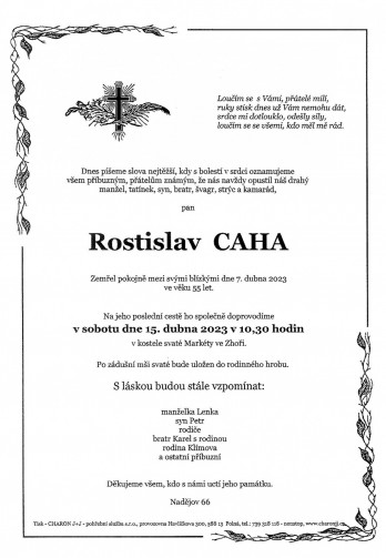 Smuteční oznámení - pan Rostislav CAHA