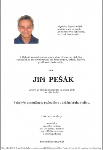 Smuteční oznámení - pan Jiří PEŠÁK
