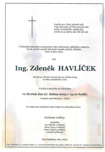 Smuteční oznámení - Ing. Zdeněk HAVLÍČEK