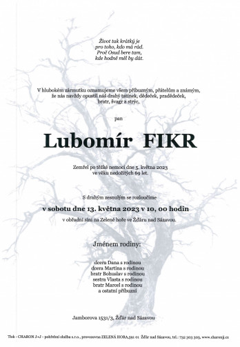 Smuteční oznámení - pan Lubomír FIKR