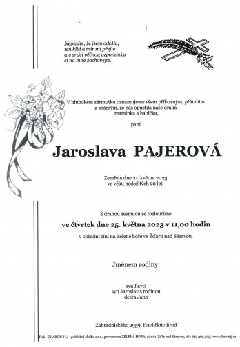 Smuteční oznámení - paní Jaroslava PAJEROVÁ