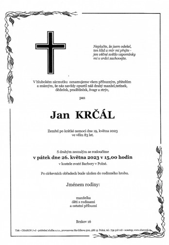 Smuteční oznámení - pan Jan KRČÁL
