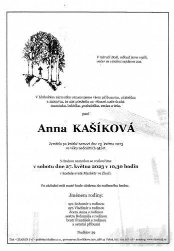 Smuteční oznámení - paní Anna KAŠÍKOVÁ